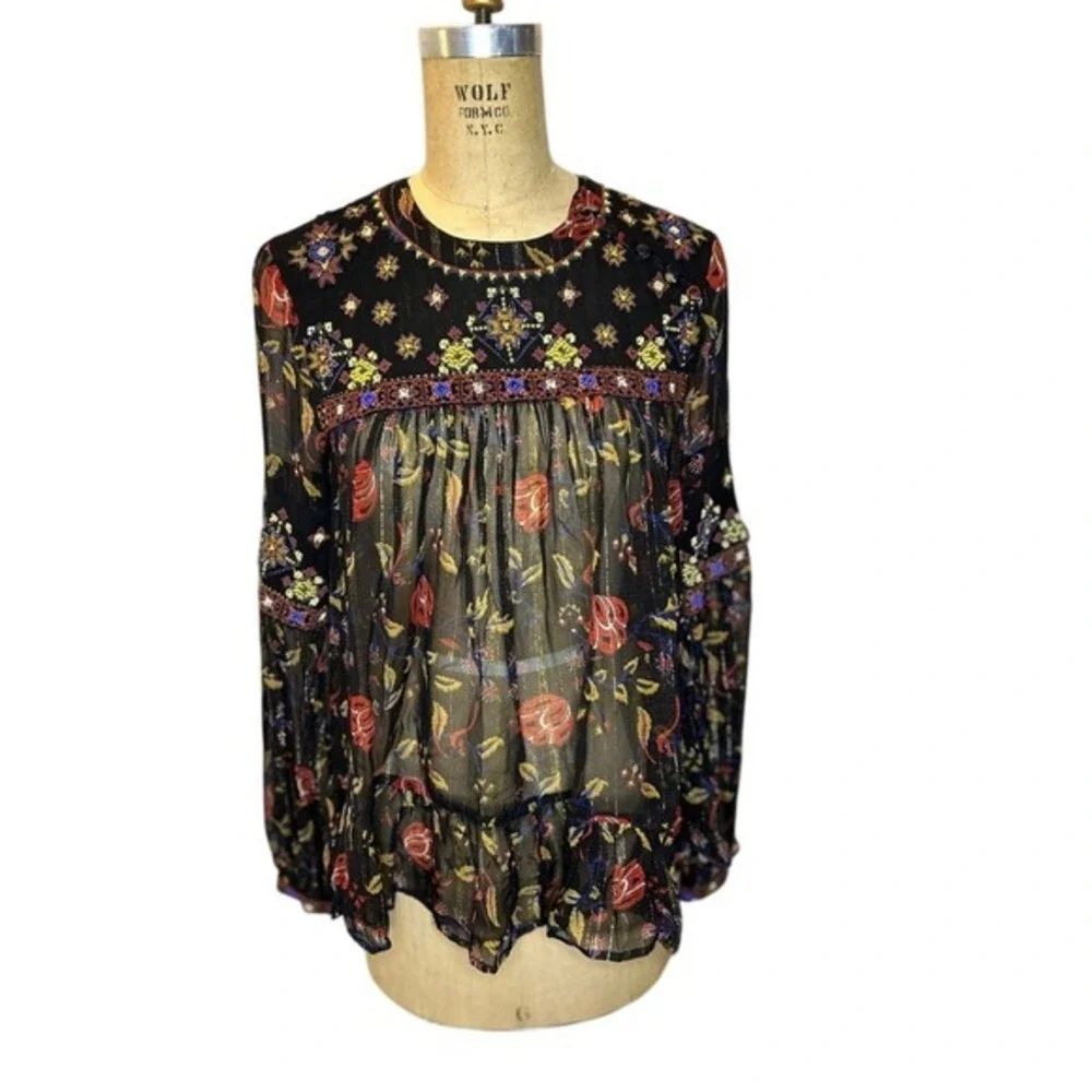 Free People Stroll‎ Through The Meadow Blouse Sheer Boho Top (Size S)